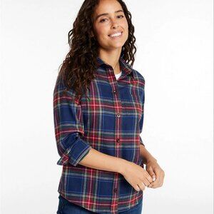 NWTs LL Bean Scotch Plaid Button Shirt in Navy Stewart W's Reg Sz L Flannel